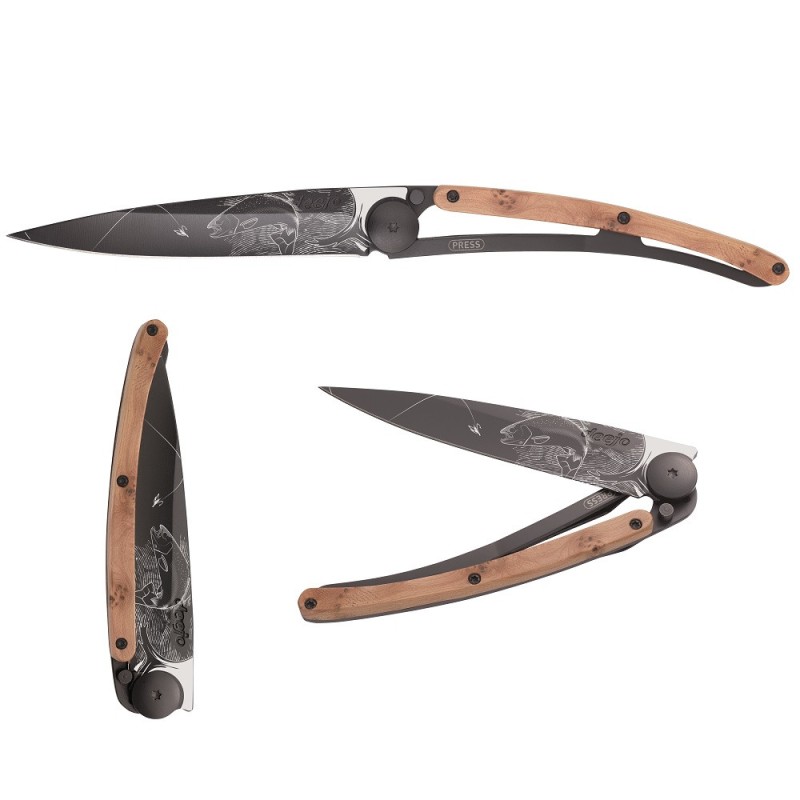 Couteau de Poche Pliant Ultra léger avec Clip Ceinture, 37g, Black,  Genévrier, Truite