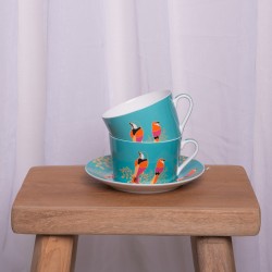 A TABLE Coffret Service à thé FLEURS Jolie Bleu 2 petits mugs en